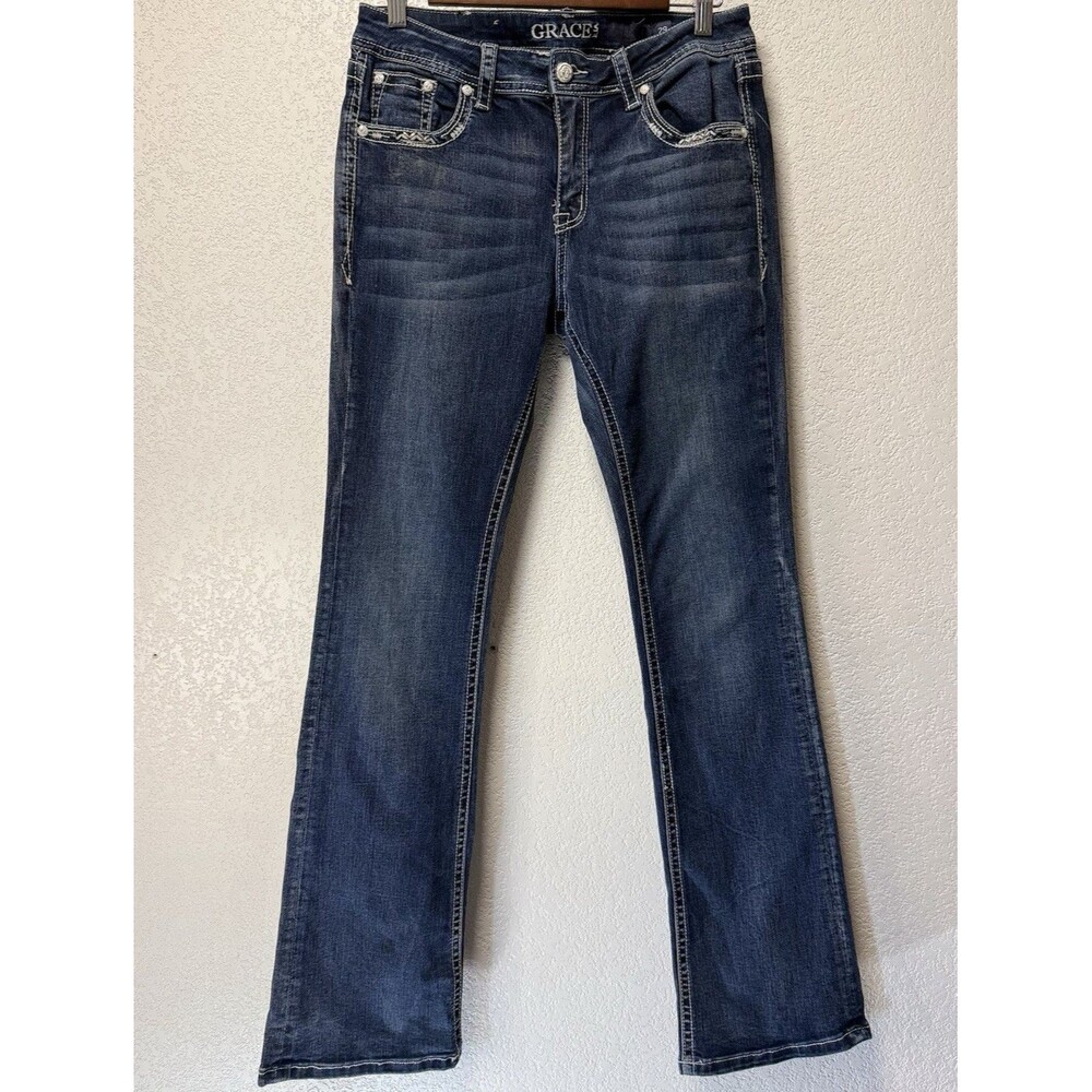 Grace in LA Easy Fit Bootcut Jeans Women 29 Stretch Embroidered Bull Skull